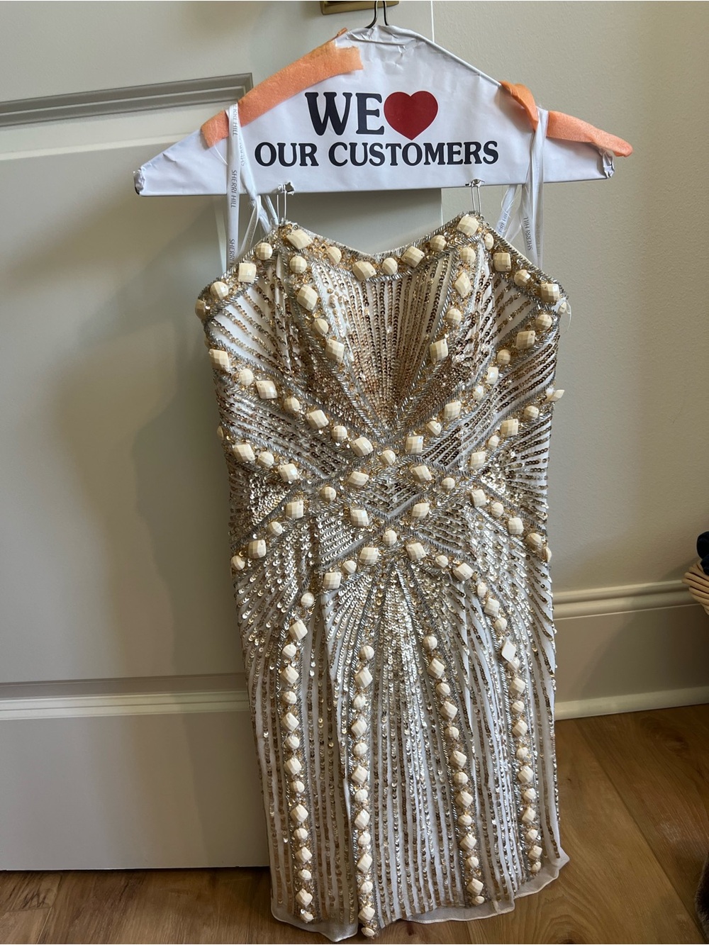 Sherri Hill Embellished Ivory Beaded Strapless Dress